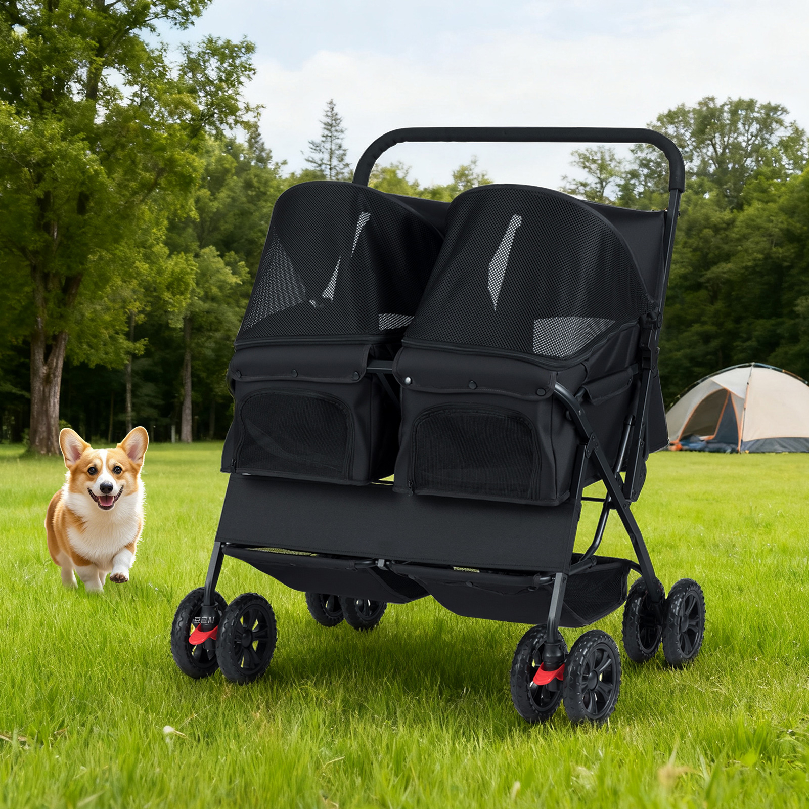 Costway Passeggino doppio animali carrozzina 2 posti tettuccio regolabile, Passeggino doppio animali cuscino sicurezza Nero