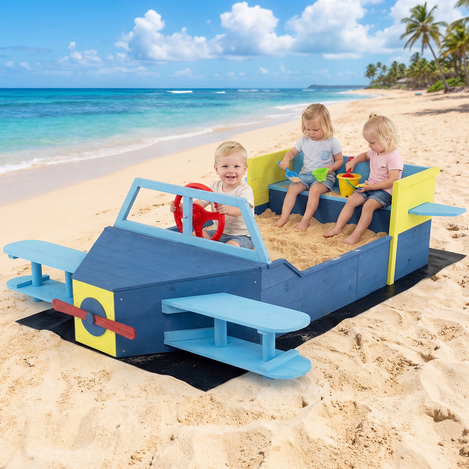 Costway Sabbiera per bambini in legno con fodera inferiore, Gioco da spiaggia a forma di aliante con panca elica timone e alette
