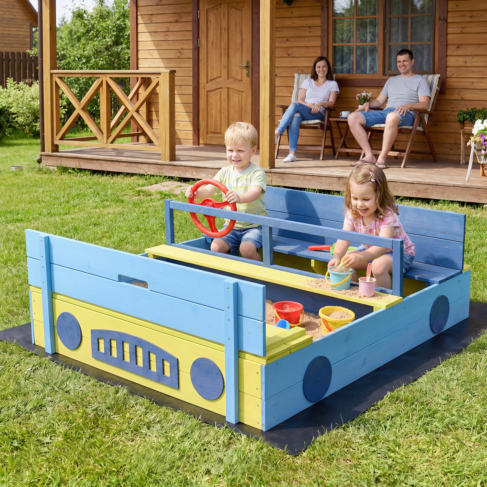 Costway Sabbiera per bambini in legno di abete senza fondo, Sandbox per bambini a forma di macchina con volante rotante