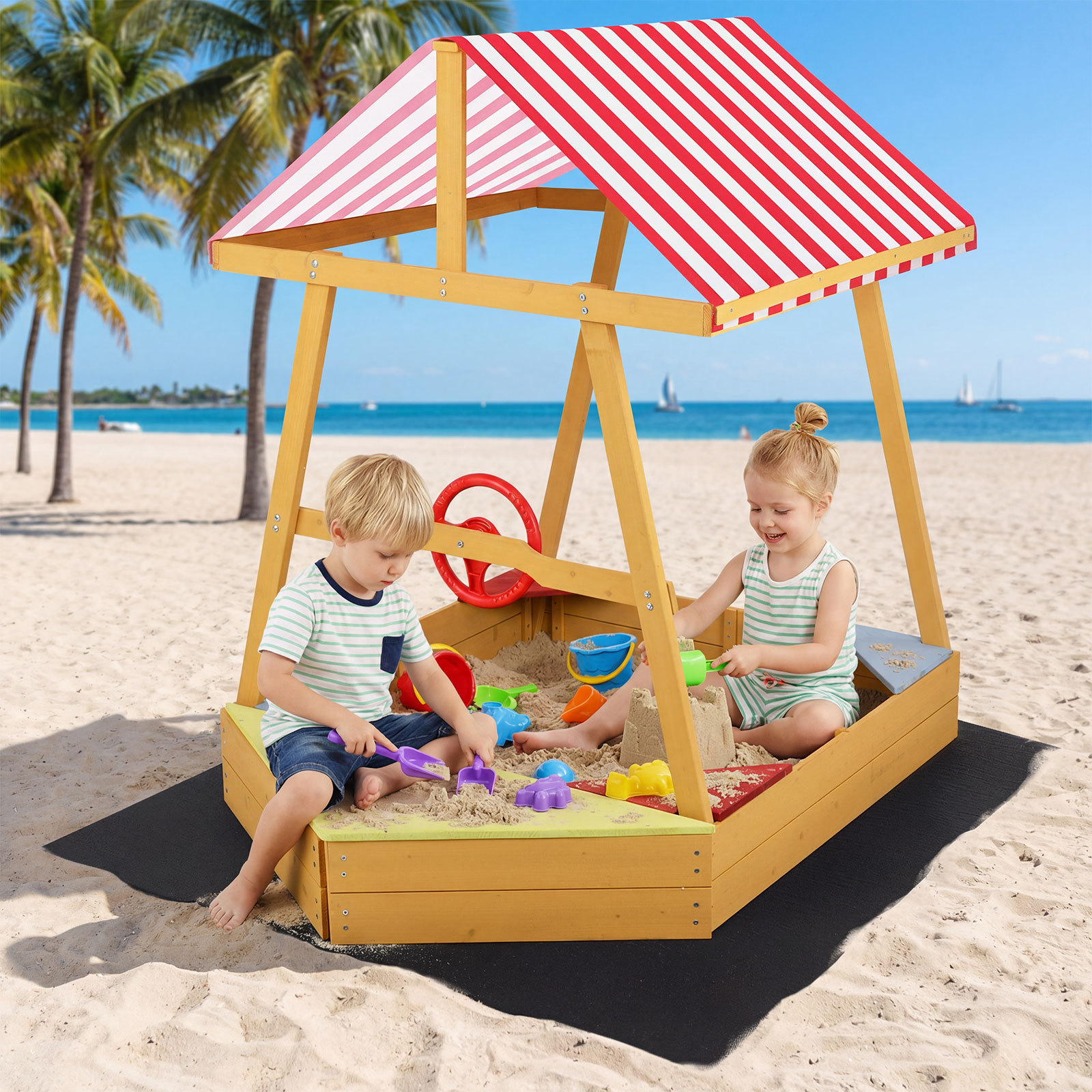 Costway Sabbiera per bambini in legno massello forma di barca, Sabbionaia con tetto parasole panca e sedile senza fondo con fodera