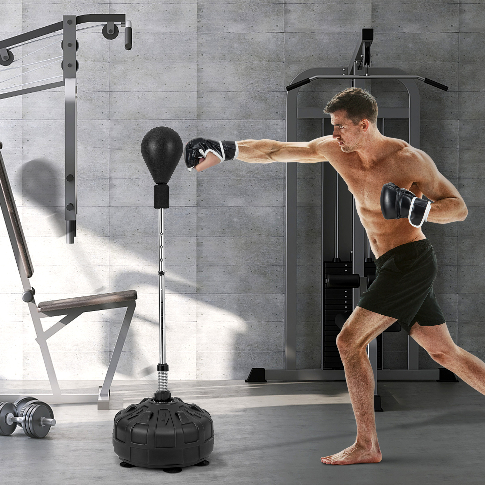 Costway Sacco da boxe da terra con guantoni asta flessibile e base riempibile, Punching ball regolabile in altezza Nero