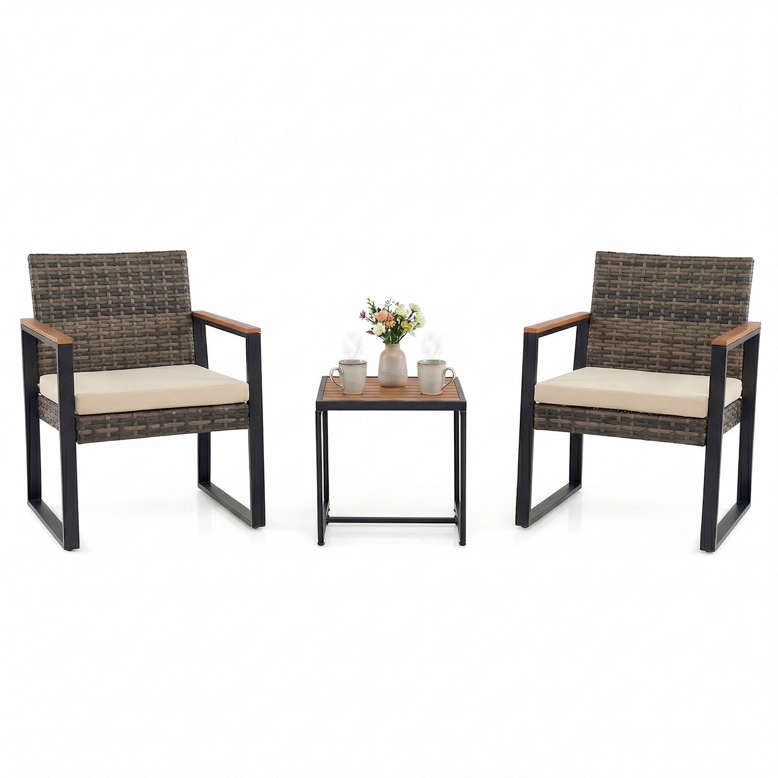 Costway Salottino da esterno in rattan 3 pz con cuscino imbottito, Set mobili da giardino per balcone Beige