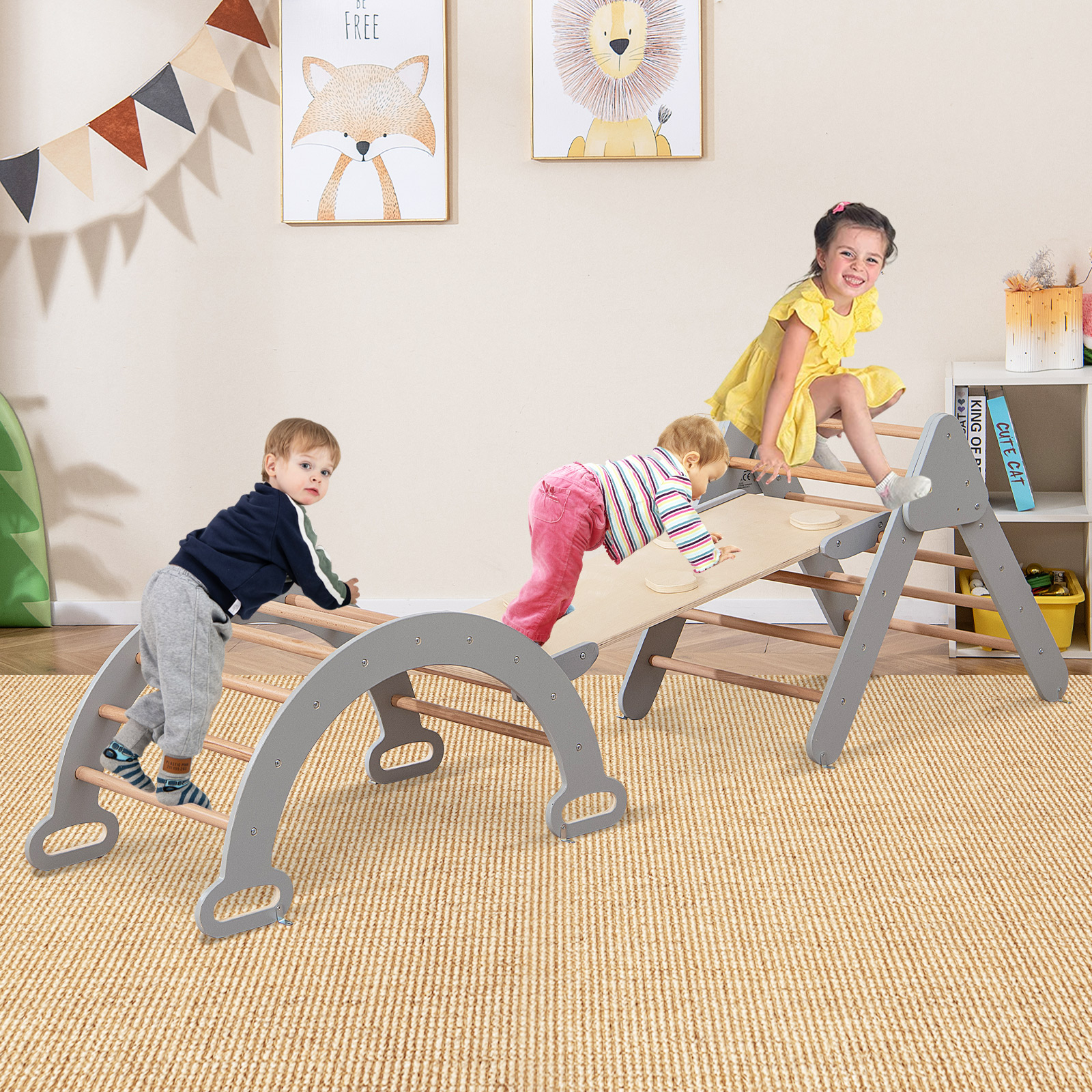 Costway Set 3 giocattoli da arrampicata per bambini 1+ anni con triangolo arco salita, Set di arrampicata Grigio