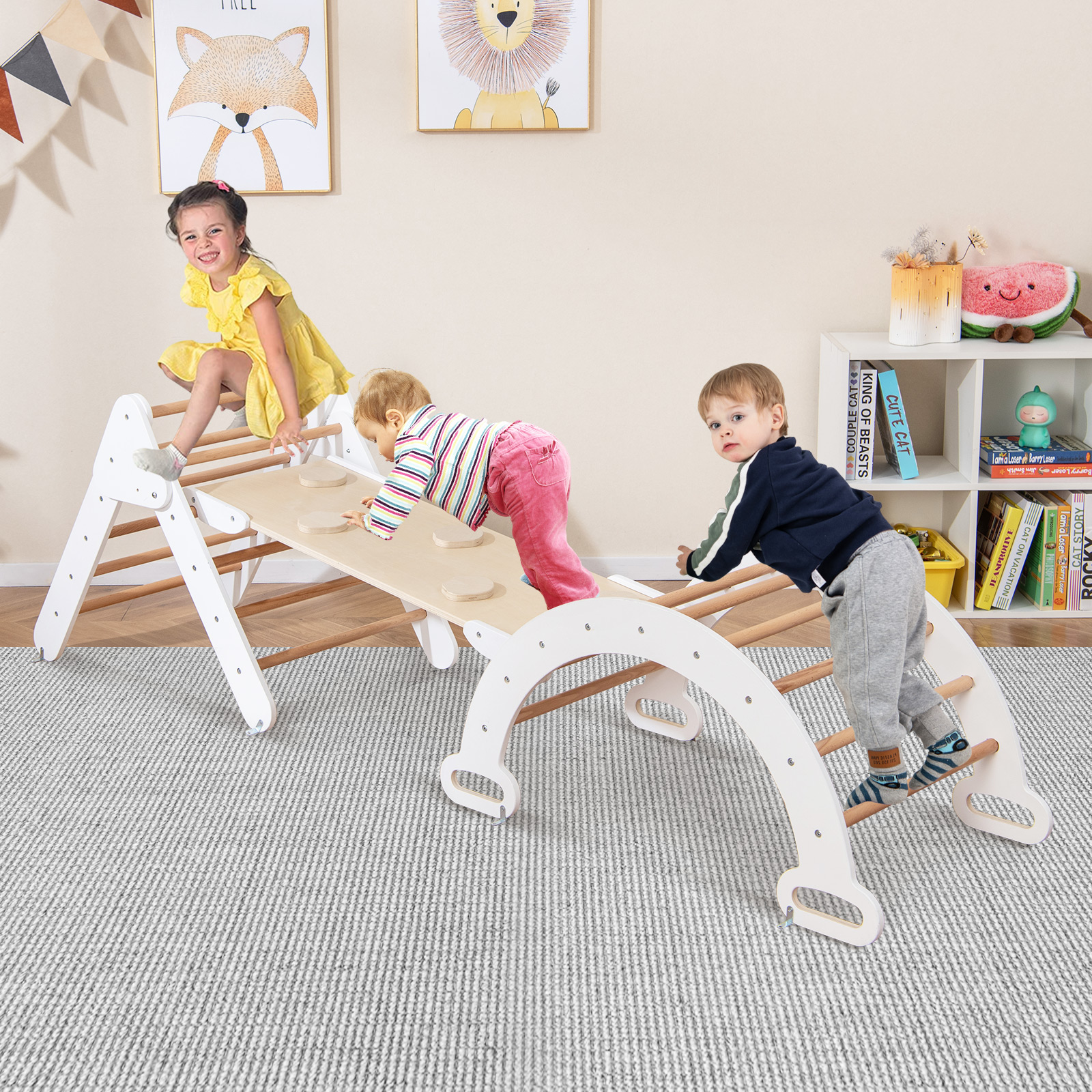 Costway Set 3 giocattoli da arrampicata per bambini 1+ anni con triangolo arco salita, Set di arrampicata Bianco