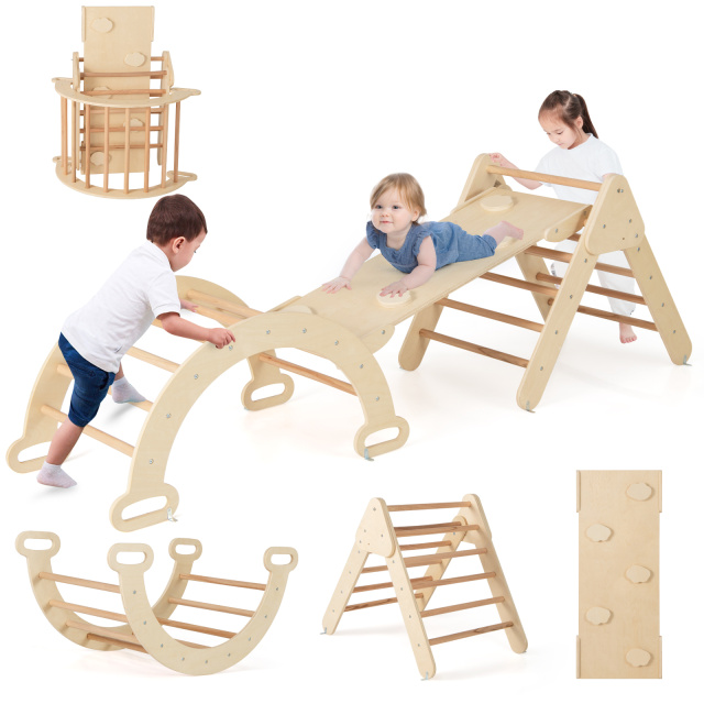 Costway Set 3 giocattoli da arrampicata per bambini 1+ anni con triangolo arco salita, Set di arrampicata Naturale