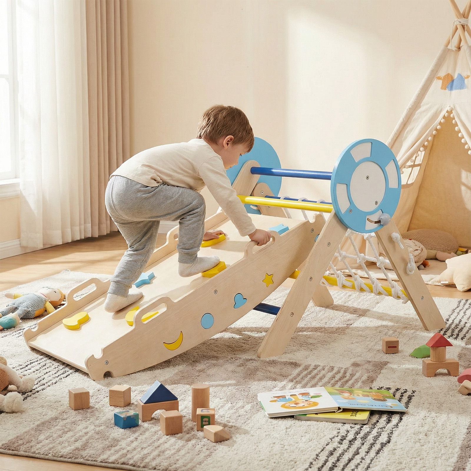 Costway Set da arrampicata a triangolo palestra pieghevole nautica arco rampa scala corda, Gioco montessori blocchi labirinto per bambini cameretta