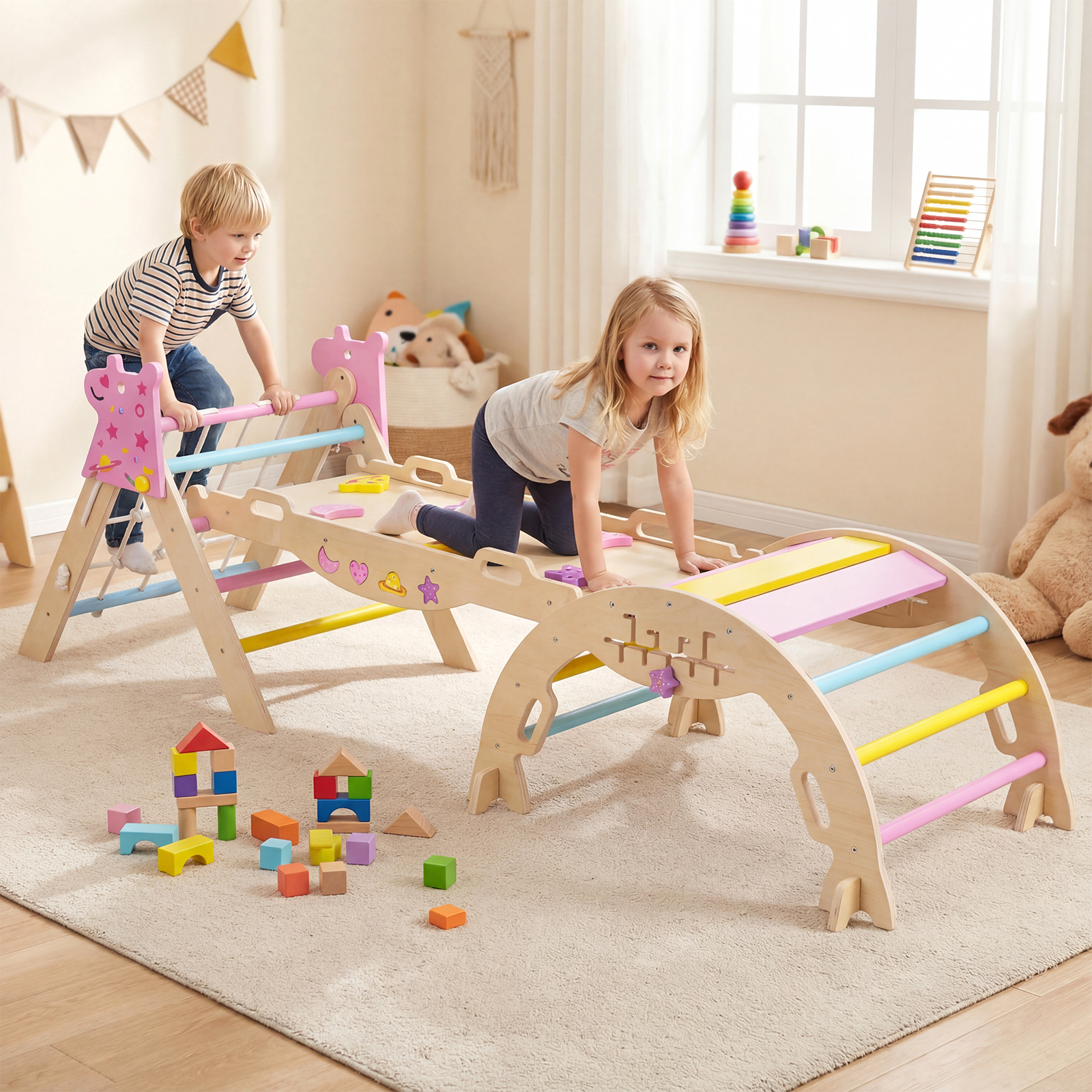 Costway Set da arrampicata a triangolo unicorno palestra arco rampa scalatore, Giocattolo pieghevole parco giochi legno montessori per bambini
