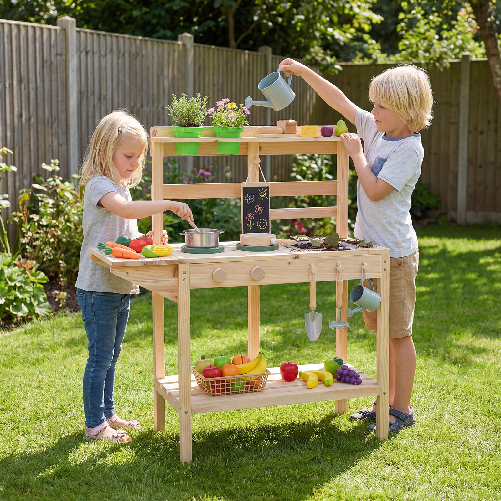 Costway Set da cucina giocattolo per bambini legno fornelli lavello manopole rotanti, Cucina gioco da chef lavagna vasi fiori scaffali 3+ anni