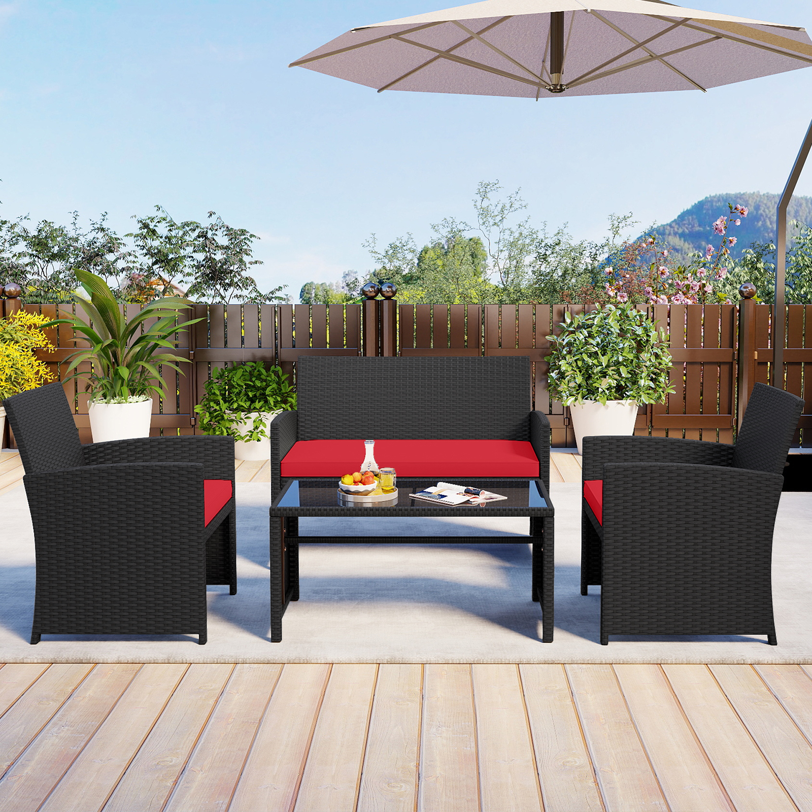 Costway Set da salotto per patio in rattan 4 pezzi con divanetto e poltrone, Mobili da esterno con tavolino vetro temperato per giardino e piscina