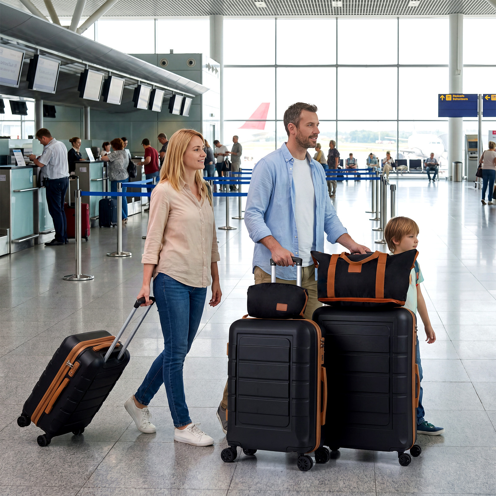 Costway Set di 5 pezzi valigie da viaggio con 1 bagaglio a mano e 1 borsetta lucchetto a codice, Set 3 valigie rigide in abs Nero