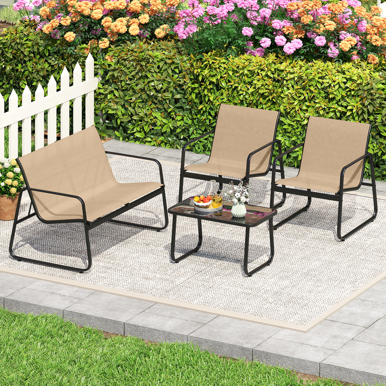Costway Set di mobili da patio con tavolino in vetro temperato, Set da conversazione per esterni con telaio metallico Marrone