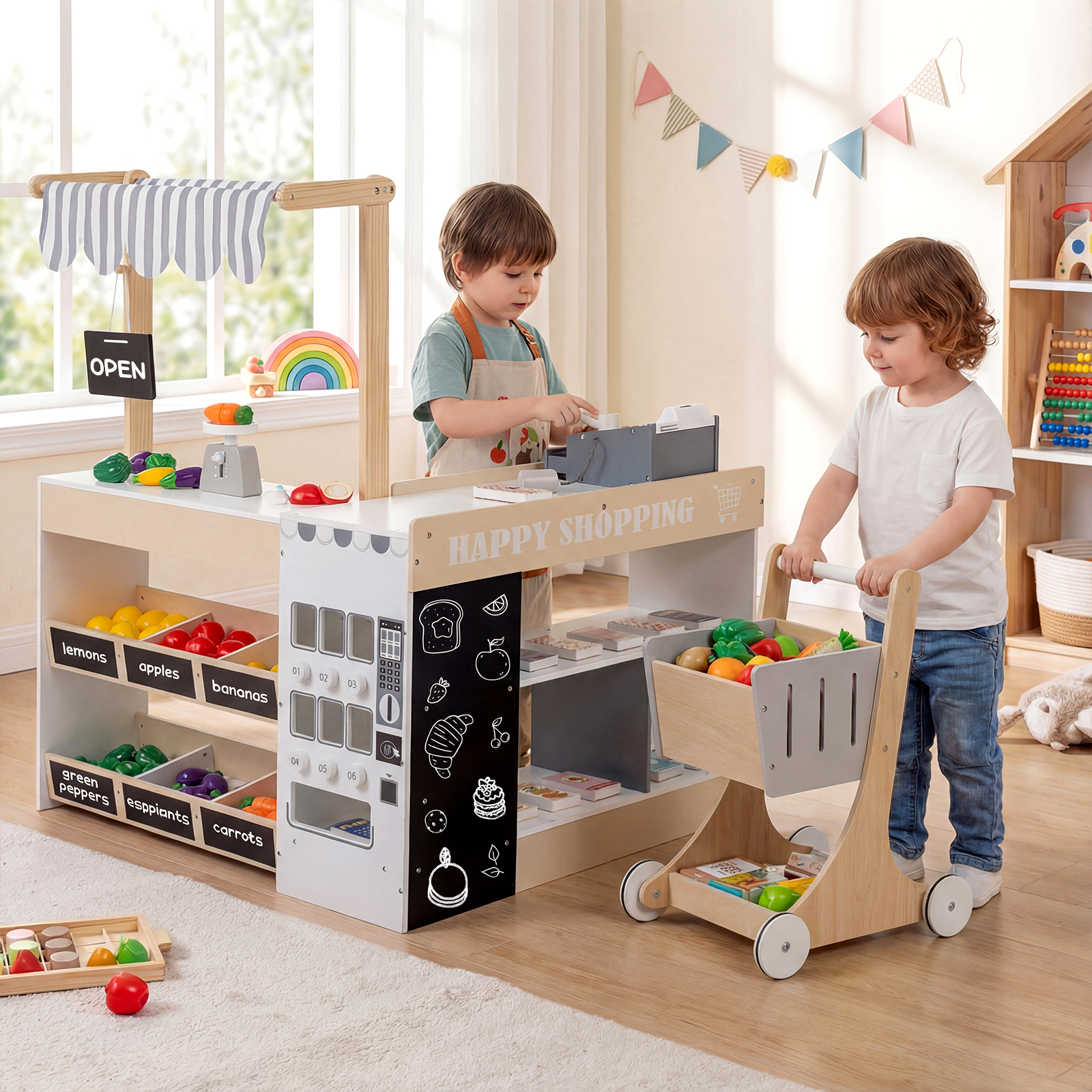 Costway Set gioco negozio alimentari bambini supermercato legno carrello distributore automatico, Set banco cassa registratore lavagne scaffali cibo