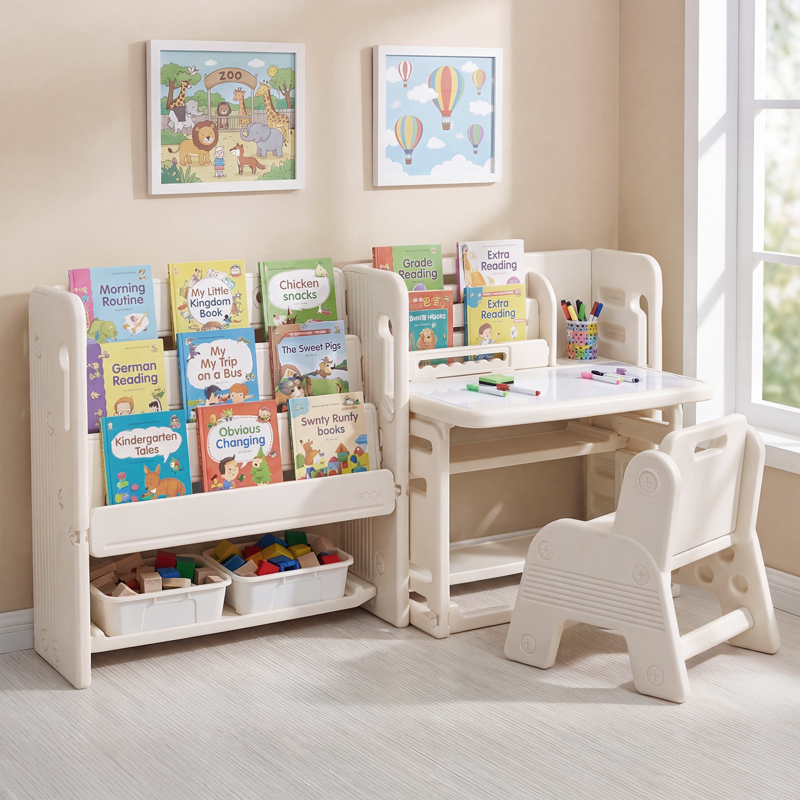 Costway Set scrivania e sedia per bambini lavagna cancellabile, Scrivania per bambini con scaffali laterali e cestini portaoggetti piano inclinabile