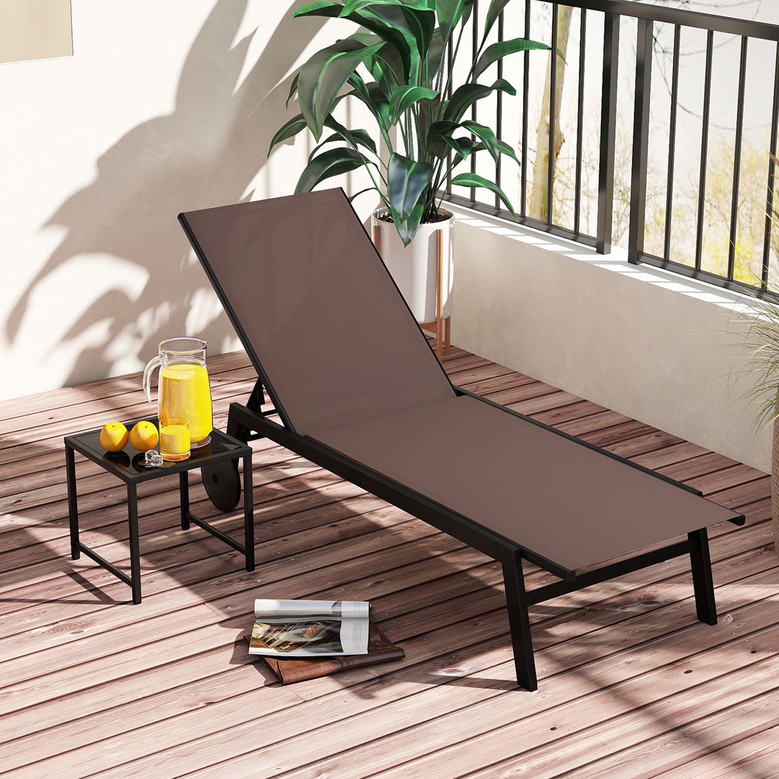 Costway Tavolino rotondo esterno piano vetro temperato foro ombrellone 4,2 cm, Tavolino struttura metallica robusta caffè giardino cortile piscina