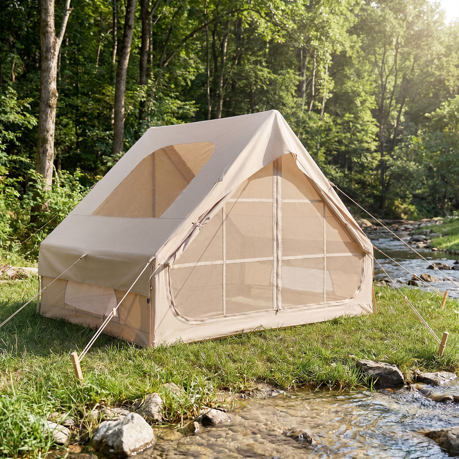 Costway Tenda da campeggio da esterno con porte finestre apertura del camino pompa e borsa da trasporto, Tenda gonfiabile in tessuto oxford