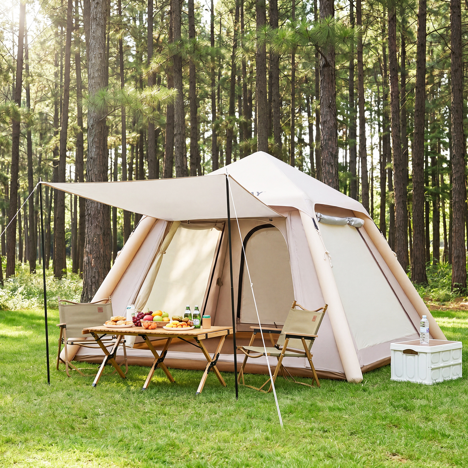 Costway Tenda da campeggio gonfiabile con 2 porte e finestre in rete copertura rimovibile pompa ad aria, Tenda da esterno impermeabile per 2-4 persone