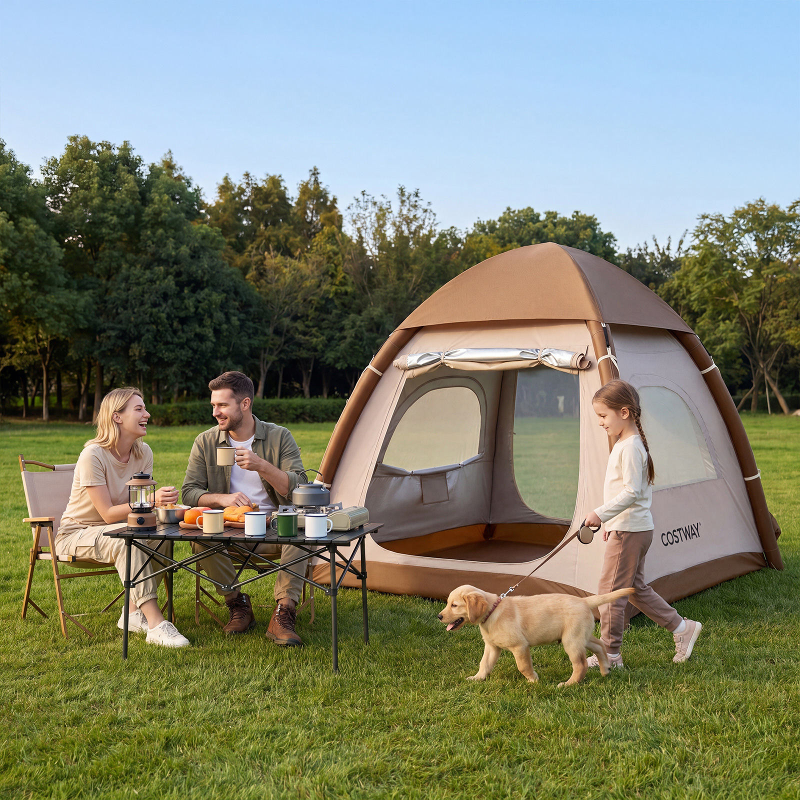 Costway Tenda da campeggio gonfiabile per 2-4 persone, Tenda ad aria istantanea per esterni con pompa finestre a rete picchetti e corde antivento