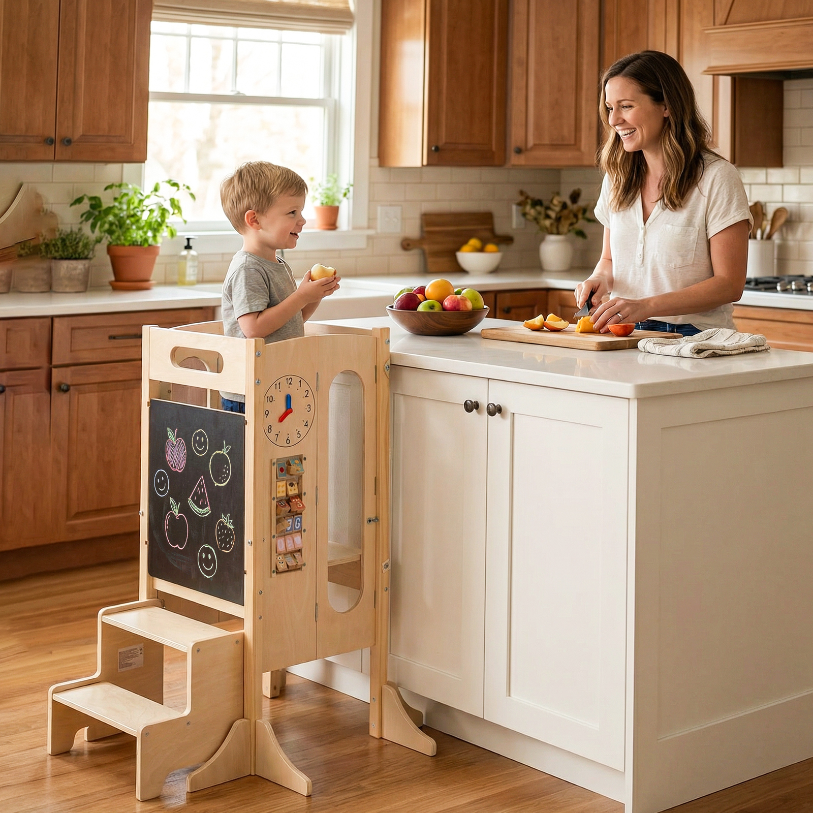 Costway Torre pieghevole bambini sgabello cucina legno 2 scalini rete sicurezza, Torre apprendimento lavagna giochi montessori bambini 3+ anni