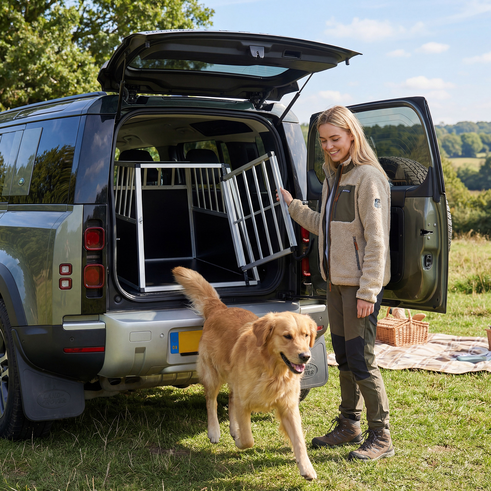Costway Trasportino per cani da viaggio in alluminio con porta bloccabile e divisorio, Gabbia antimorso trapezoidale per auto e campeggio 91 cm x 65