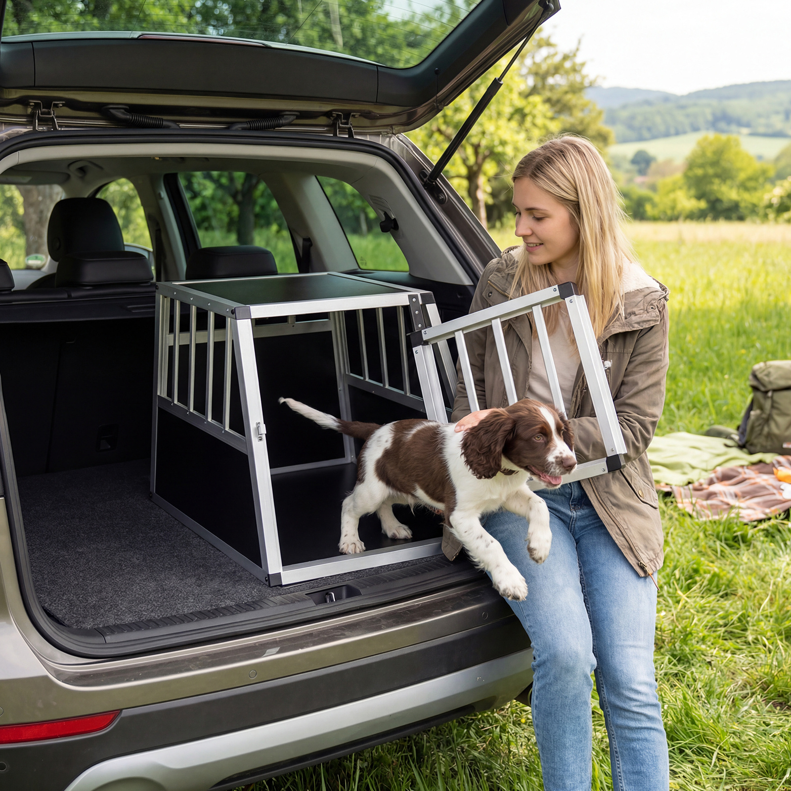 Costway Trasportino per cani da viaggio in alluminio con porta bloccabile e divisorio, Gabbia antimorso trapezoidale per auto e campeggio 54 cm x 69,5