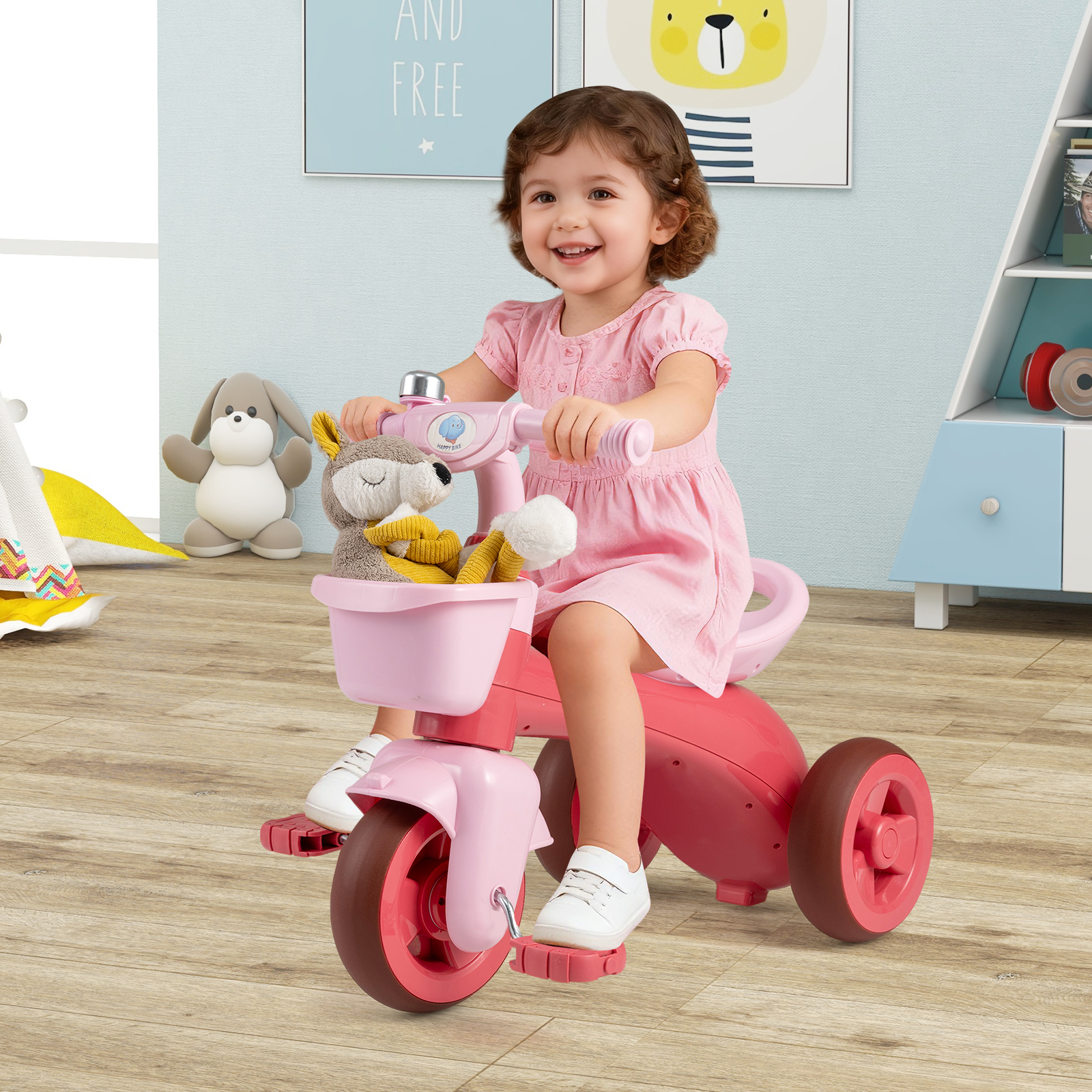 Costway Triciclo bambini sterzo limitato sella ergonomica cestini anteriore posteriore campanello, Bicicletta equilibrio 3 ruote bambini 3-5 anni Rosa