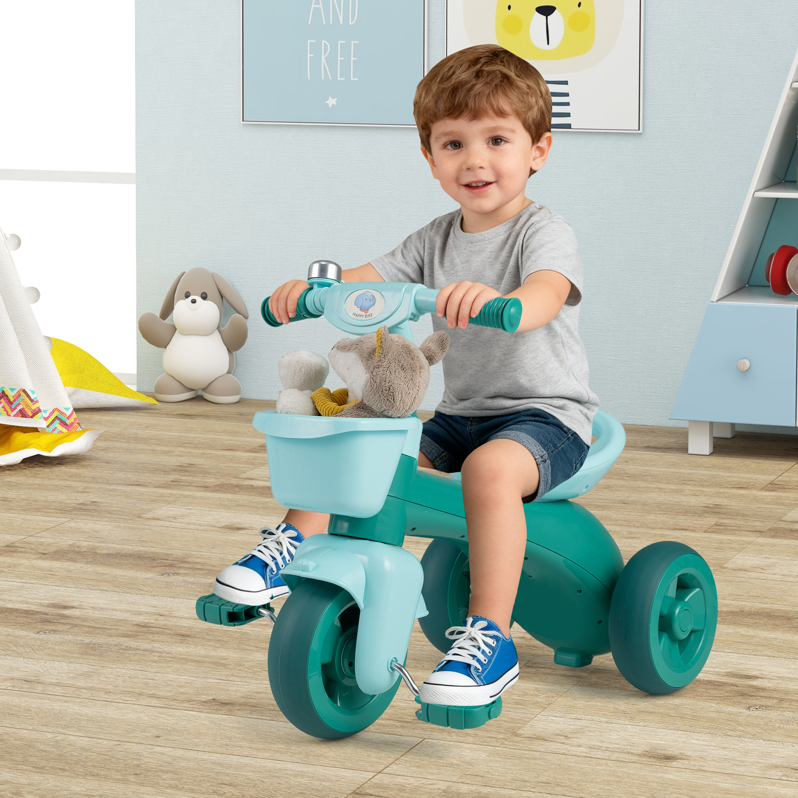 Costway Triciclo bambini sterzo limitato sella ergonomica cestini anteriore posteriore campanello, Bicicletta equilibrio 3 ruote bambini 3-5 anni