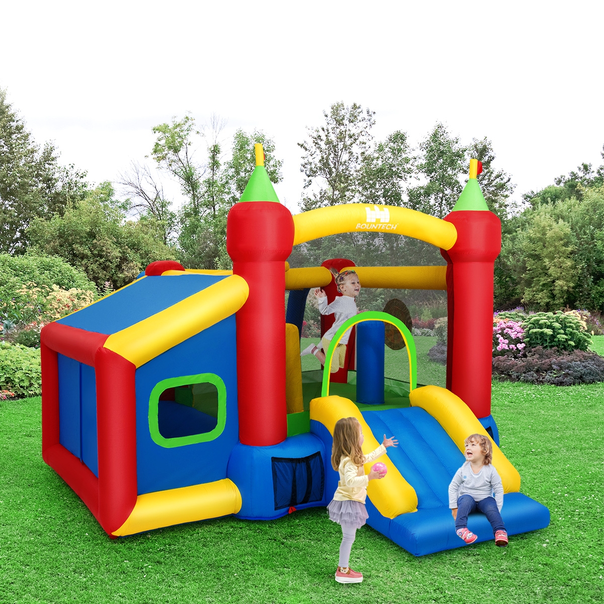 Castello gonfiabile gioco per bambini con scivolo e accessori giochi da  esterno e giardino 380x305x215cm