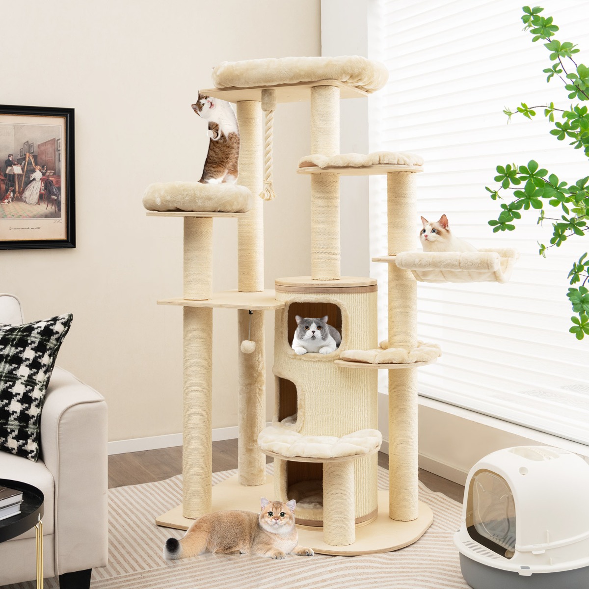 Costway Albero per gatti multi-livello e moderna torre per gatti, Torre per gatti in legno da interno e torre di attività per gatti