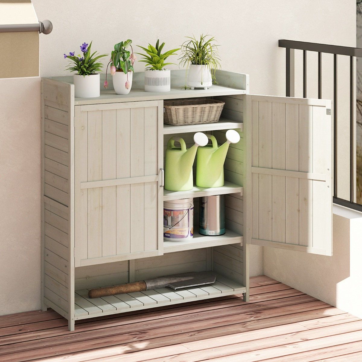 Costway Mobile in legno massello per patio con ripiani rimovibili e 2 ante, Armadio da giardinaggio da esterno con ripostiglio Grigio