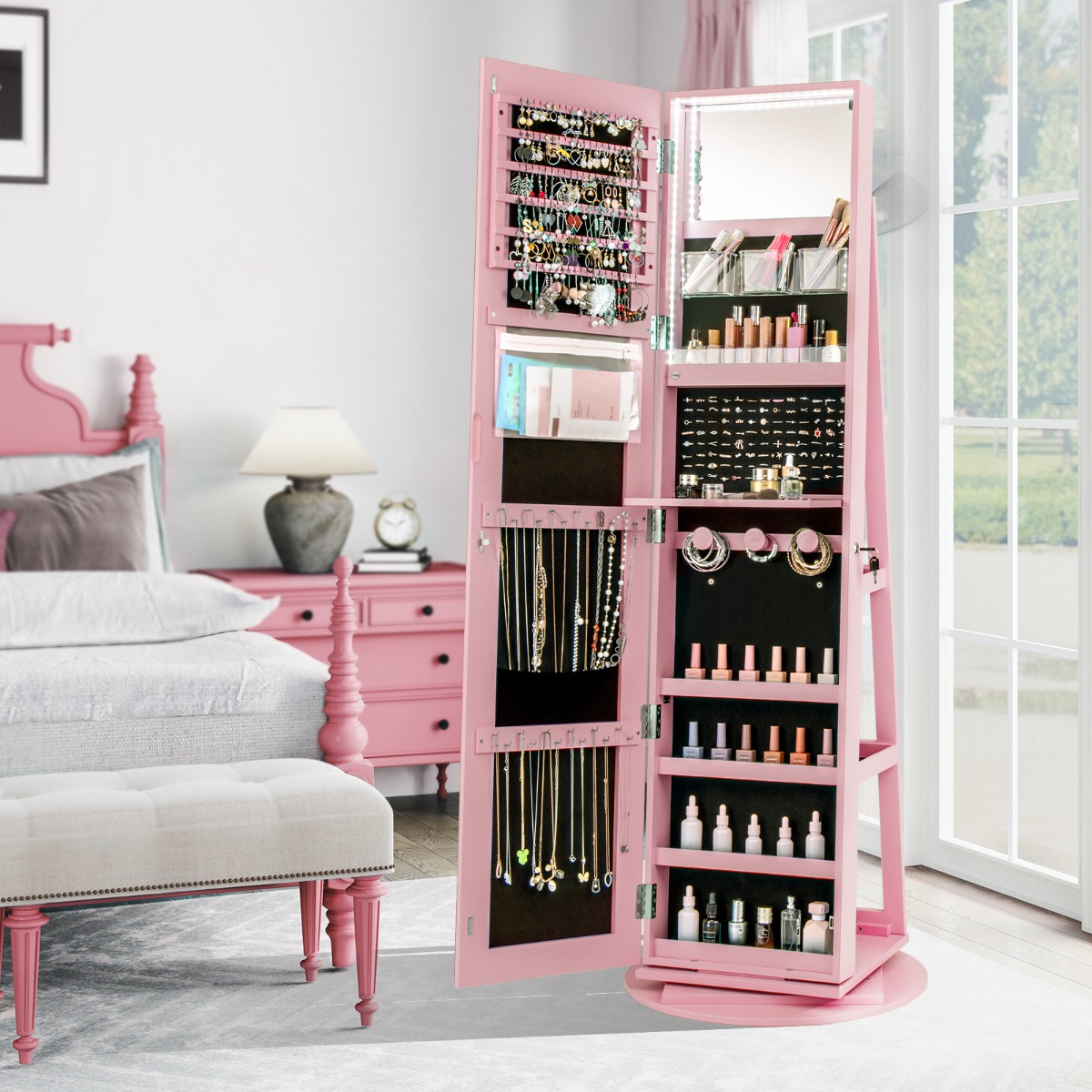 Costway Armadio portagioielli girevole con specchio a figura intera luci LED, Organizer da terra di gioielli Rosa