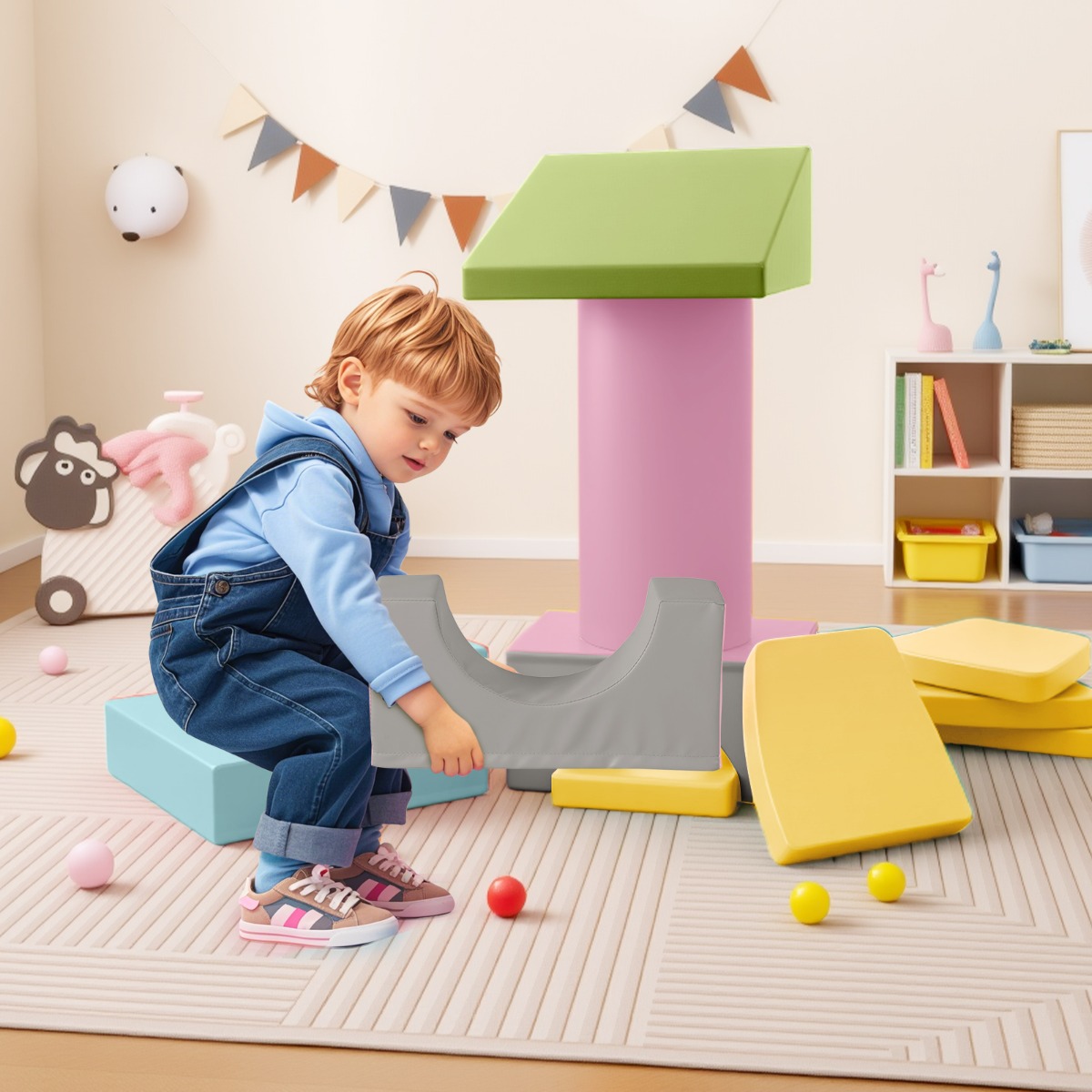 Costway Set 10 giocattoli da arrampicata in schiuma morbida per bambini, Blocchi da costruzione con attività Giallo
