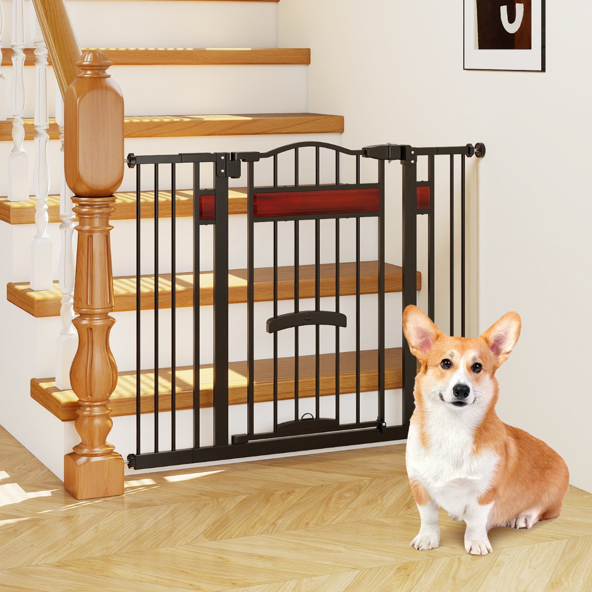 Costway Cancello per animali per aperture da 74 a 104 cm con 2 prolunghe, Cancello per animali installazione senza fori Nero