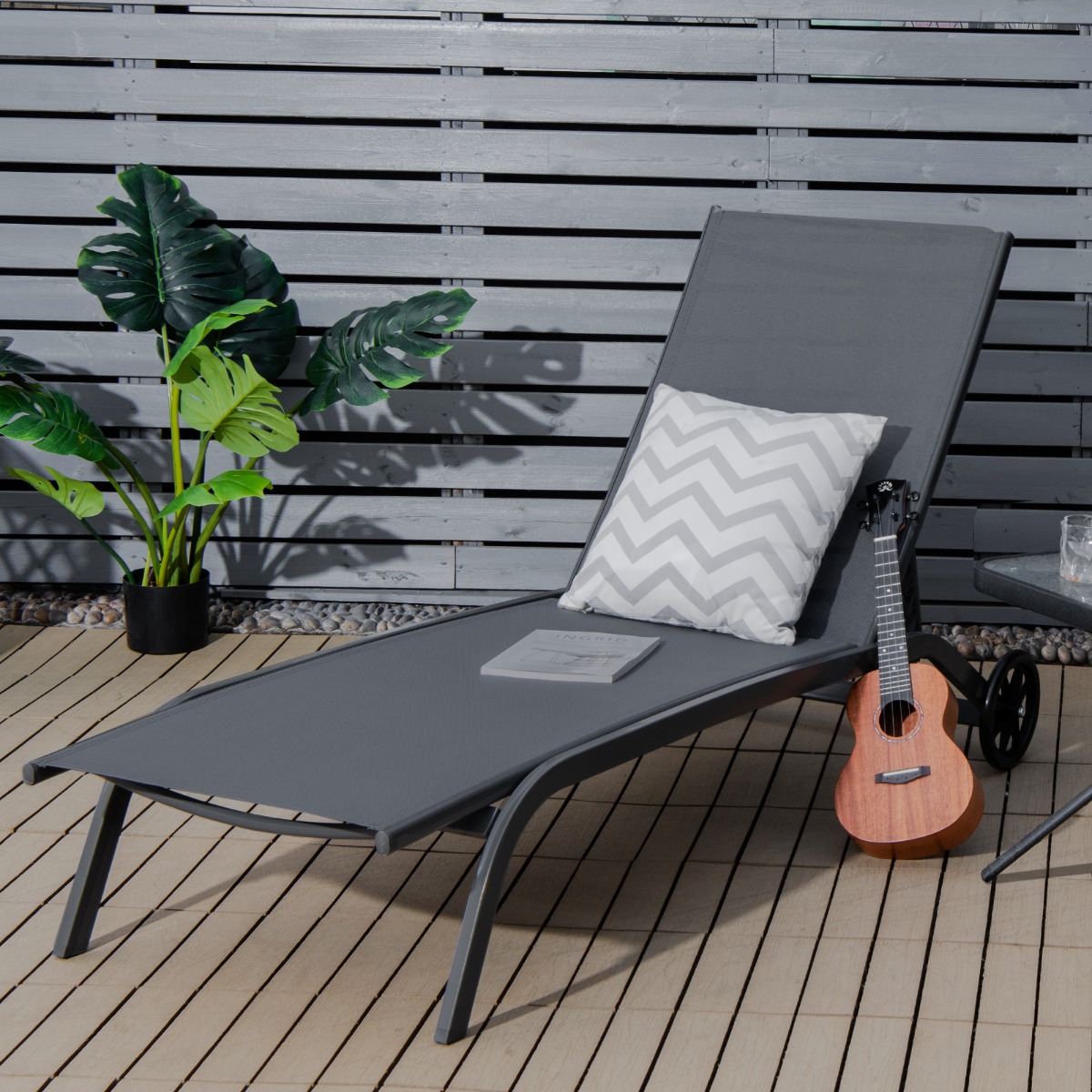 Costway Chaise longue regolabile per cortile con ruote, Sedia a sdraio reclinabile in 6 posizioni da esterno Grigio