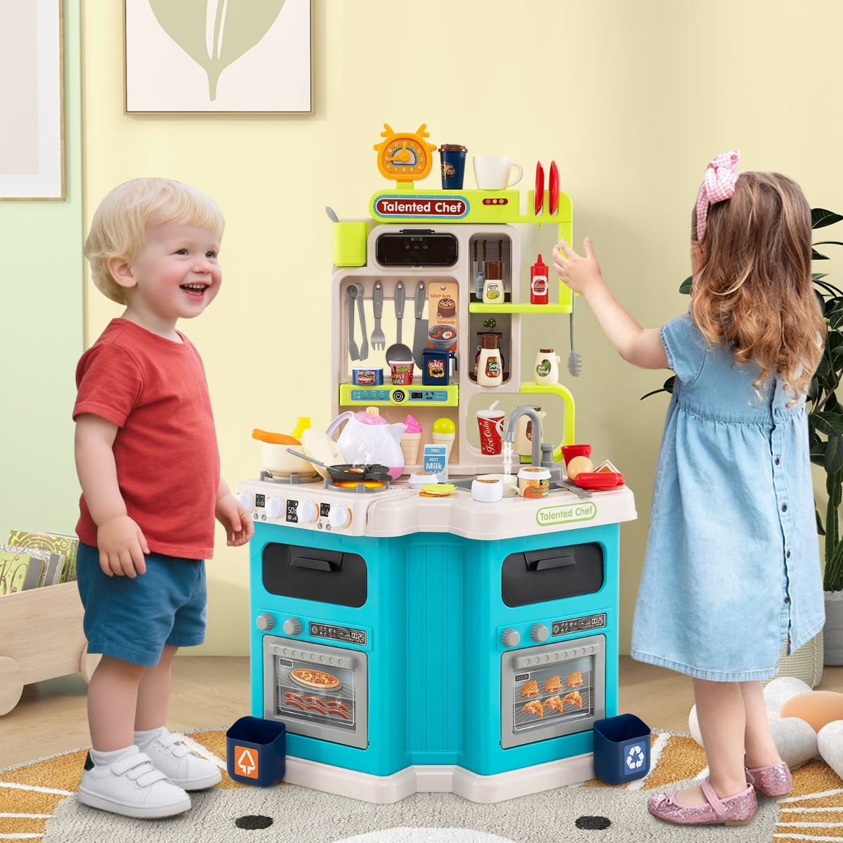 Costway Cucina da gioco angolare con 75 accessori per bambini 3+ anni, Cucinetta in legno con suoni e luci realistici Blu