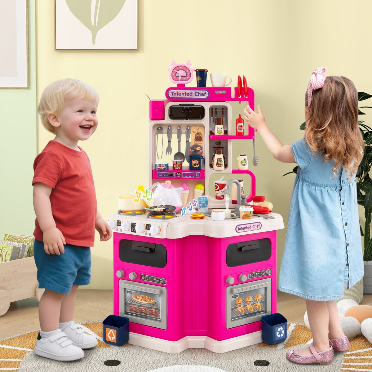 Costway Cucina da gioco angolare con 75 accessori per bambini 3+ anni, Cucinetta in legno con suoni e luci realistici Rosa