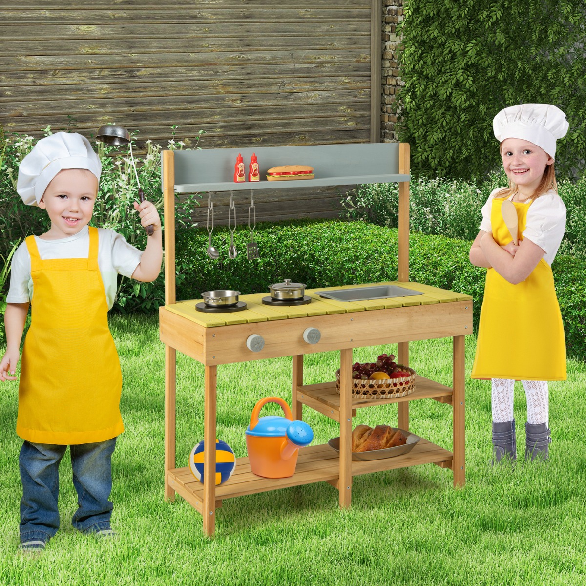 Costway Cucina giocattolo da esterno con 3 ganci appendibili 2 fornelli per bambini, Set da cucina giocattolo lavello rimovibile e scaffali aperti