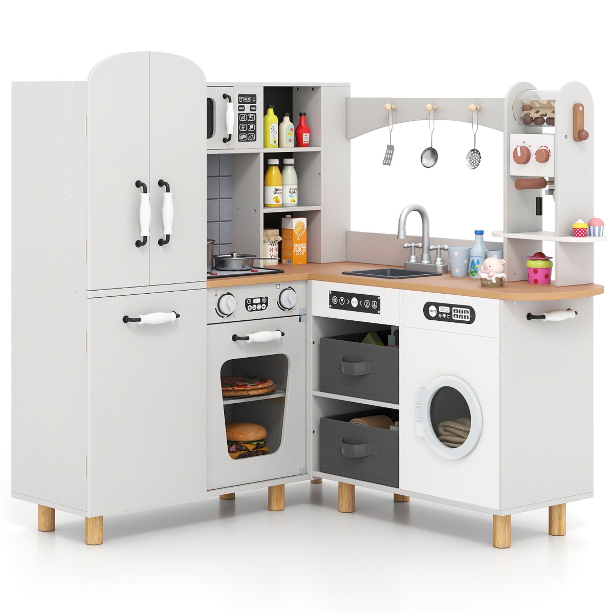 Costway Cucina giocattolo ad angolo per bambini set cucina in legno con frigorifero a doppia porta, Cucina giocattolo con contenitori in tessuto e 12