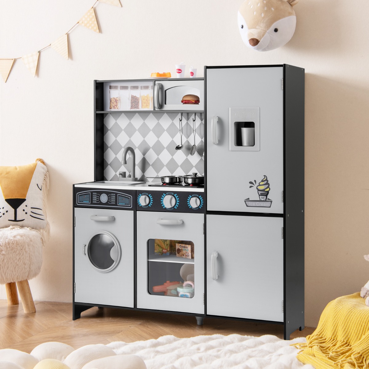 Costway Cucina giocattolo in legno integra macchina del ghiaccio e piano cottura, Cucina giocattolo integra forno e microonde Grigio