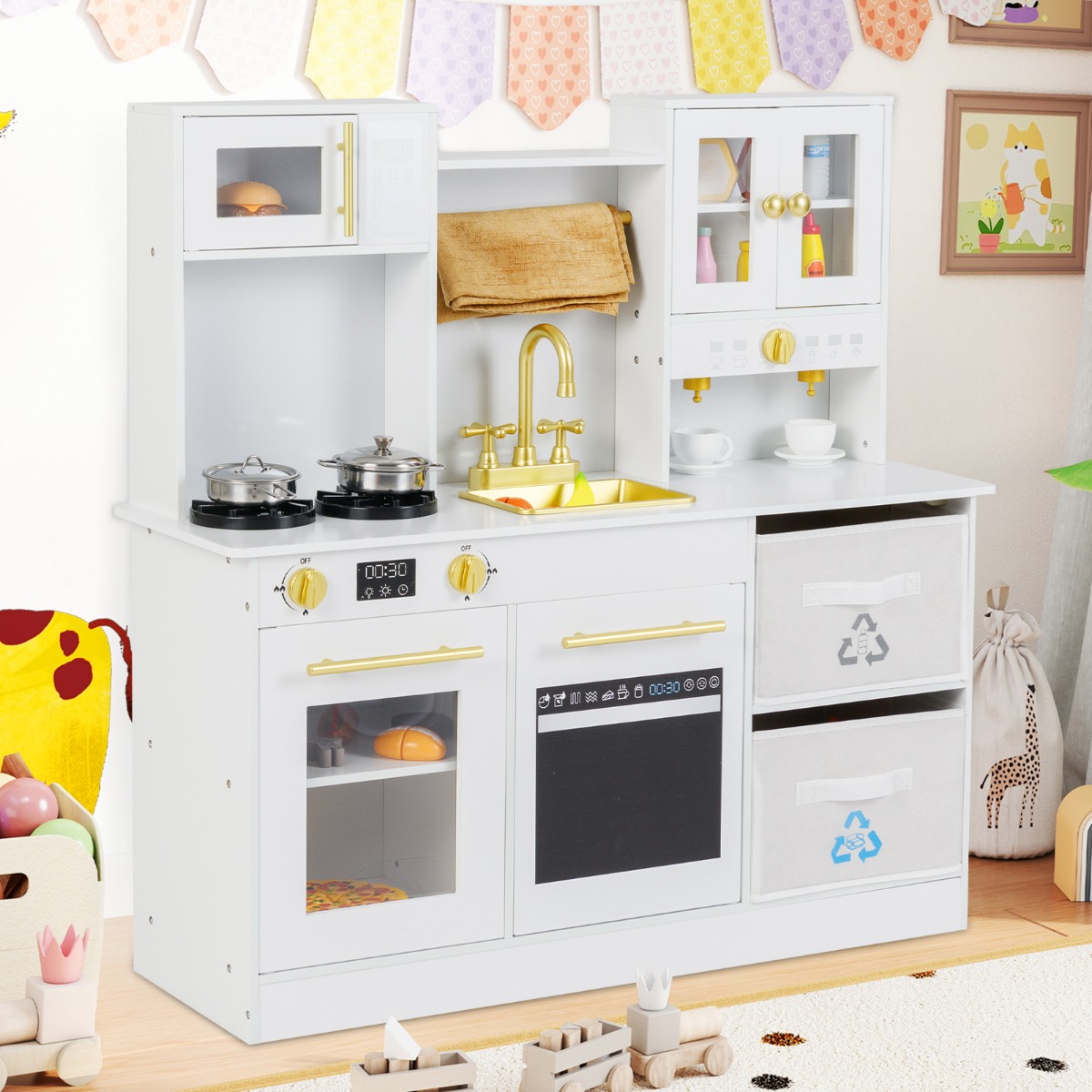 Costway Cucinetta in legno con fornelli con suoni e luci e macchina da caffè, Gioco cucina di ruolo per bambini 3+ anni Bianco