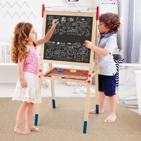 Cavalletto per bambini 3 in 1 in legno con accessori completi, Lavagna e lavagna bianca double face regolabili 50x47cm
