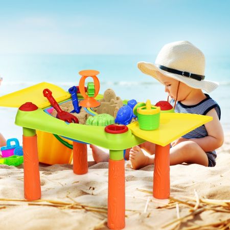 Tavolo per sabbia ed acqua per bambini 2 in 1 da interno ed esterno, Set gioco da spiaggia 18 pezzi con pala, rastrelli, clessidra