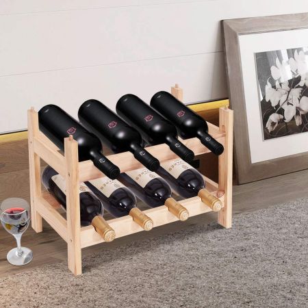 Costway Scaffale portabottiglie impilabile in legno massello per 8 bottiglie Porta vino a tavolo 2 ripiani 43x31x25cm
