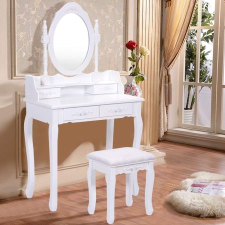 Toeletta da trucco con sgabello e specchio Tavolino cosmetico con 4 cassetti in MDF Bianco