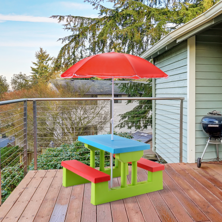Tavolo da picnic per bambini con parasole pieghevole Set di tavolo e panche per giardino 67x41x47cm