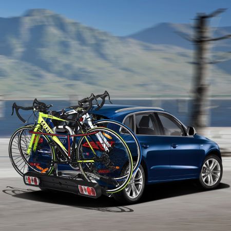 Portabici per 2 biciclette con design inclinato e binari, Capacità di peso 30kg e luce posteriore di sicurezza per SUV