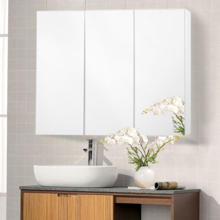 Costway Armadietto da bagno a specchio con 3 ante 90x11x65cm Armadio bagno in legno con specchio bianco