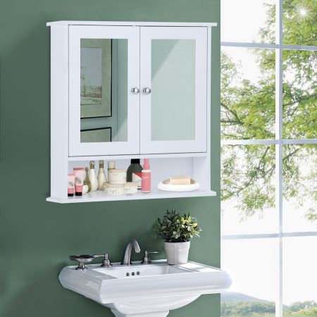 Costway Armadietto a specchio da parete con doppia ante da bagno a 3 ripiani 56,5x13,5x58,5cm Bianco