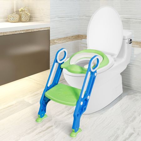 Costway Scaletta per WC per bambini regolabile con gradini ampi antiscivolo, Sgabello pieghevole con scala e maniglie blu e verde