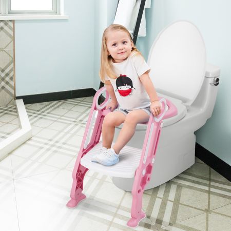 Scaletta per WC con sedile imbottito, Sgabello regolabile e pieghevole con scala con maniglie, Rosa