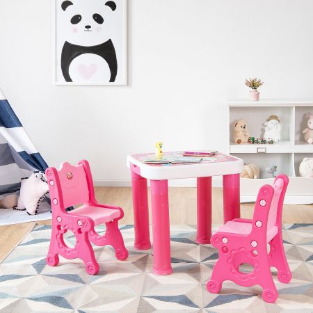 Set con tavolo e sedie per bambini, Set multiuso con tavolo e 2 sedie regolabili in altezza, Rosa